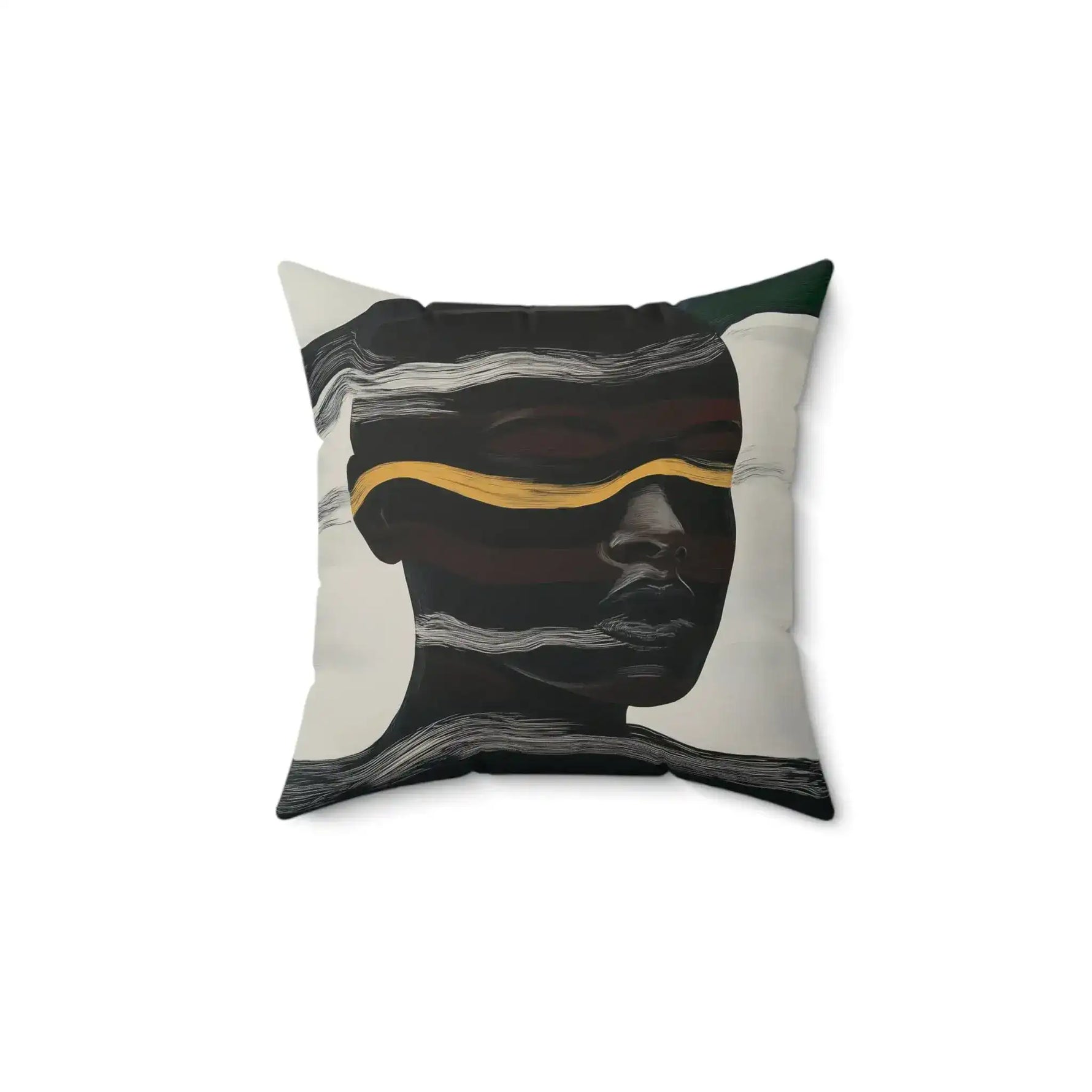 Square throw pillow with abstract dark portrait, human silhouette in deep tones, bold gold stripe across eyes, white wavy lines, Waves of Identity Throw Pillow front