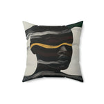 Square throw pillow with abstract portrait in charcoal and white wave lines, gold horizontal band across eyes, Waves of Identity Throw Pillow side