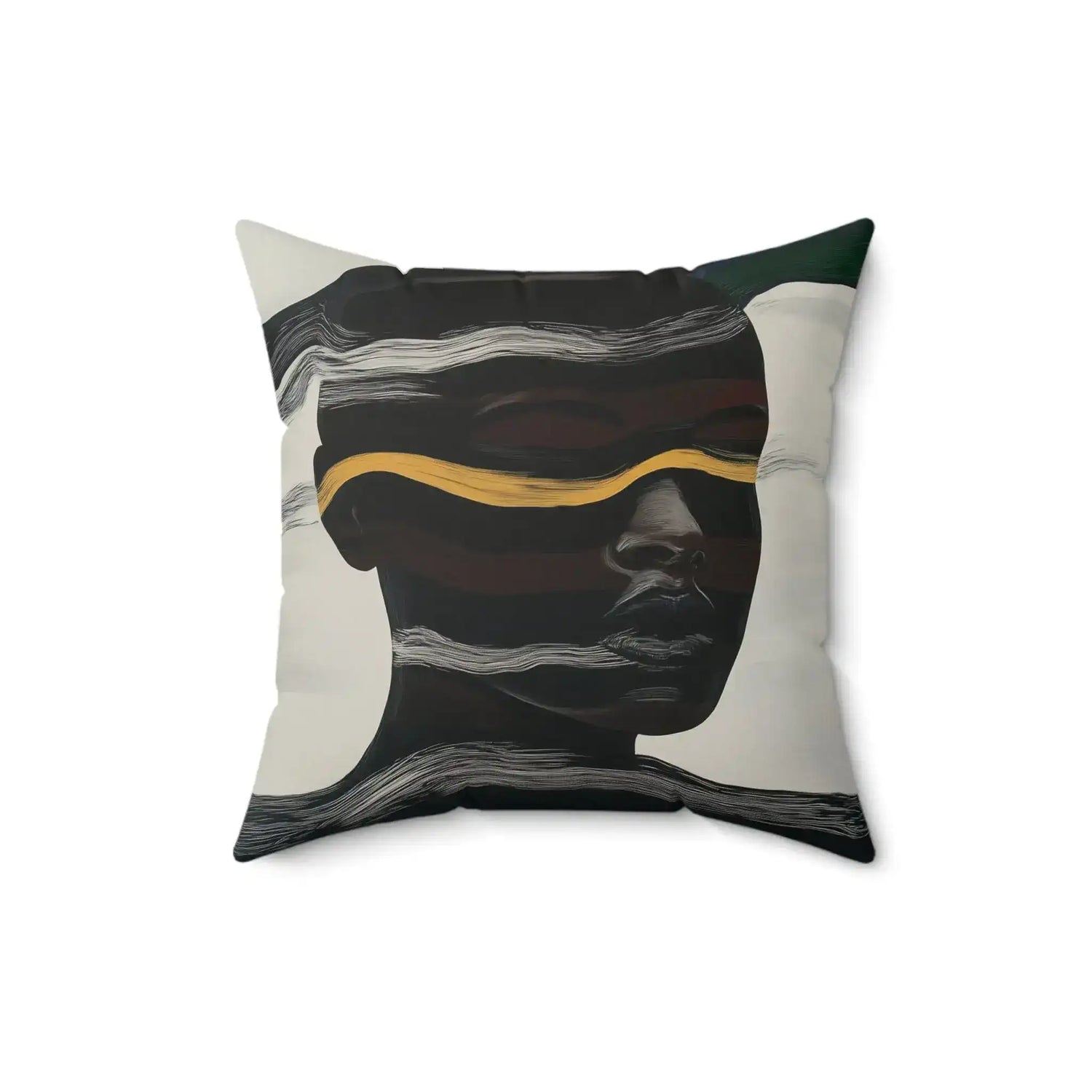 Square throw pillow with abstract portrait in charcoal and white wave lines, gold horizontal band across eyes, Waves of Identity Throw Pillow side