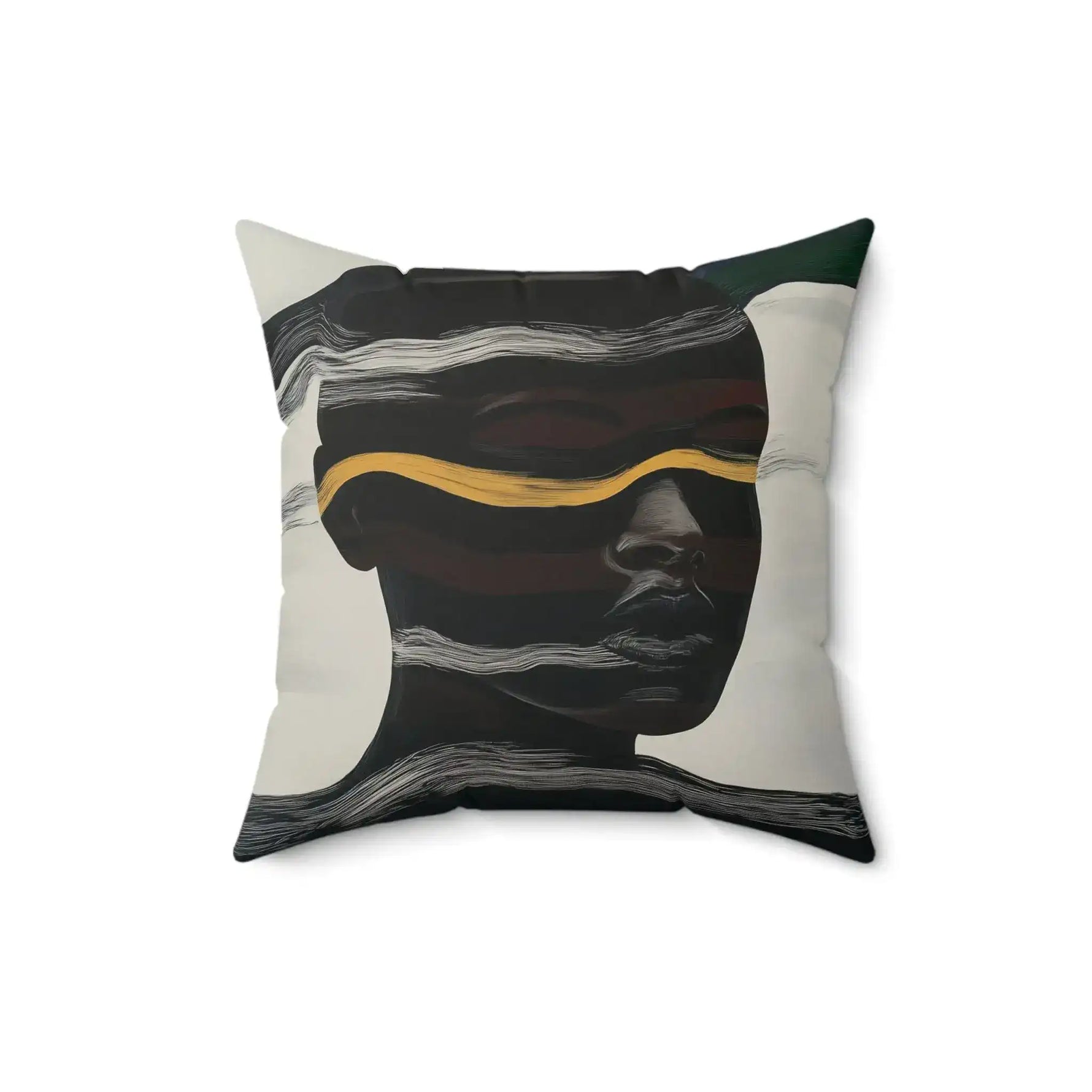 Square throw pillow with abstract portrait in charcoal and white wave lines, gold horizontal band across eyes, Waves of Identity Throw Pillow side