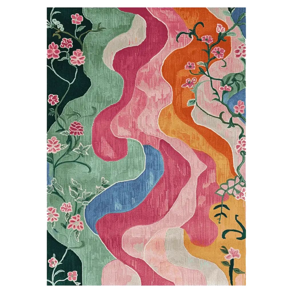 A vibrant Waves Through Garden Hand Tufted Area Rug, featuring an abstract floral design in rich colors. This wool rug is perfect for adding a splash of color to your living room. Ideal as an 8x10 living room rug, this floral rug showcases flowing waves of pink, green, orange, and blue with intricate flower patterns.