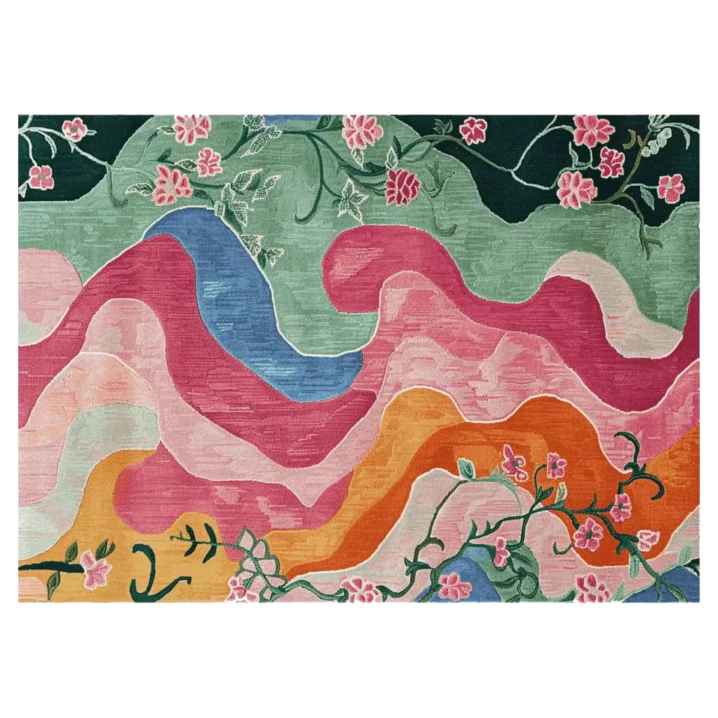 Vibrant area rug featuring a hand-tufted floral design with flowing waves of pink, green, and orange hues. Perfect for adding a touch of nature to your living room. This 8x10 wool rug is ideal for those seeking area rugs for living room settings with a floral theme.