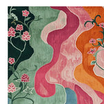 A vibrant hand-tufted wool area rug featuring an abstract design with flowing waves of green, pink, and orange hues intertwined with delicate floral patterns. Perfect for adding a splash of color to living rooms, this 8x10 rug enhances the aesthetic of any space.