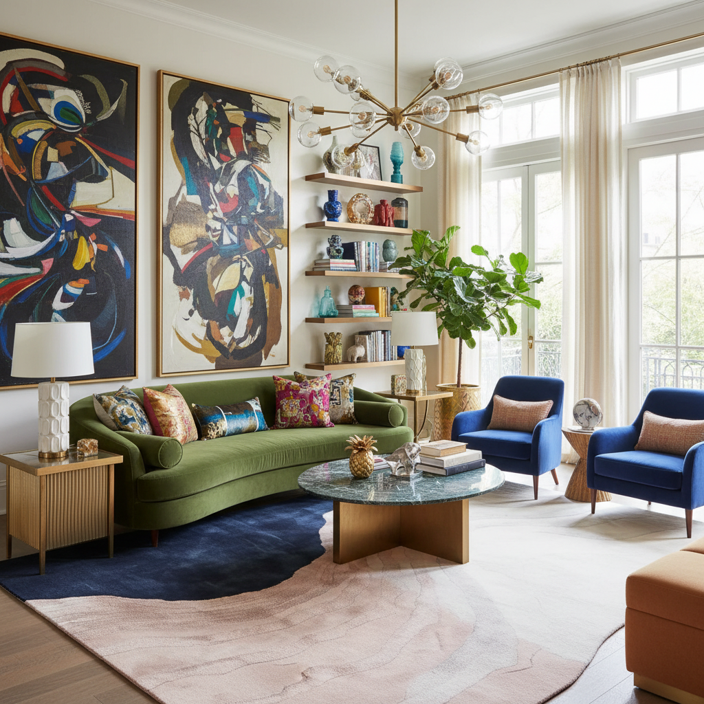 Modern living room with green sofa, blue chairs, and abstract art on the wall.