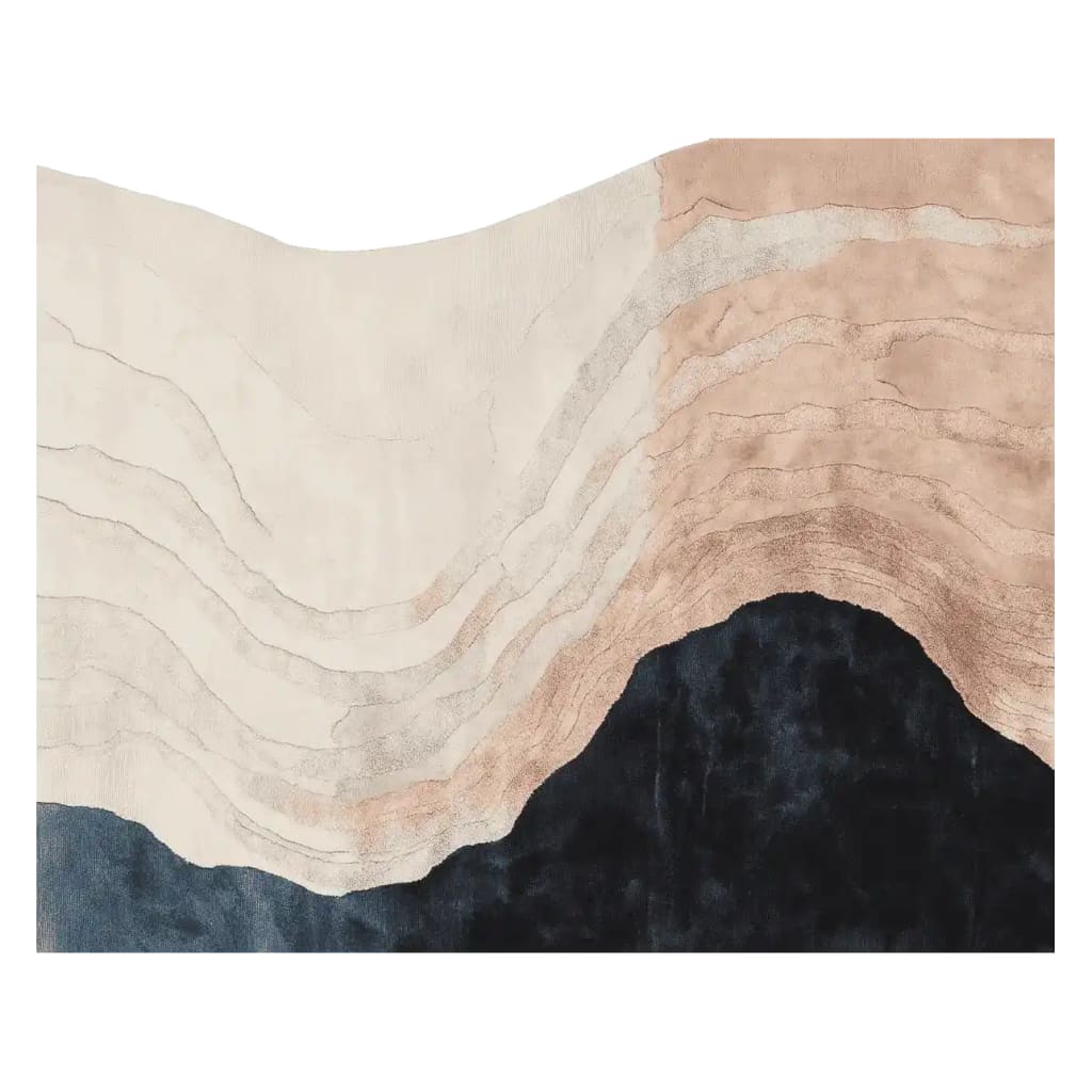 A beautifully crafted Wavy Land Narrative Hand Tufted Area Rug, showcasing an abstract design with flowing patterns in cream, tan, and navy tones. This contemporary wool rug is perfect for large living rooms, adding a touch of elegance and modern style to any space.