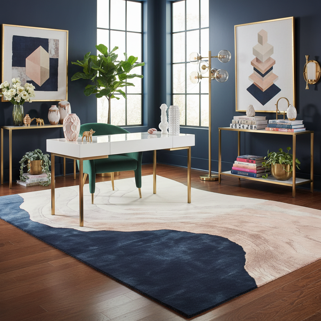 Modern office space with a desk, chairs, and decorative contemporary hand made rug in a stylish room.