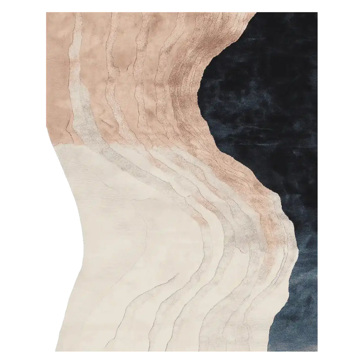 Top view of the Wavy Land Narrative Hand Tufted Rug, an elegant area rug with a stunning abstract design. This large living room rug features flowing lines in shades of beige, brown, and black, crafted from high-quality wool, making it a perfect contemporary rug for modern interiors.