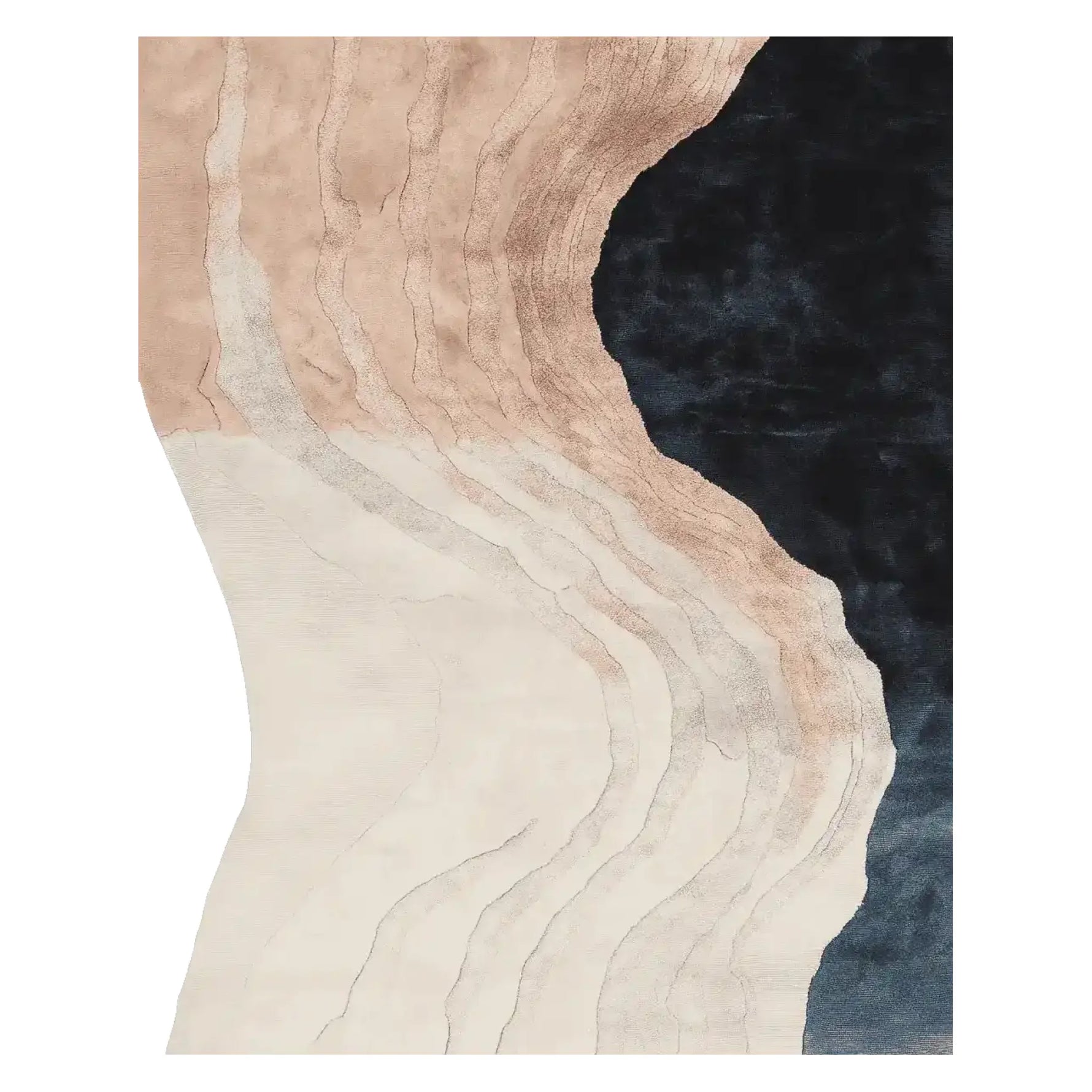 Top view of the Wavy Land Narrative Hand Tufted Rug, an elegant area rug with a stunning abstract design. This large living room rug features flowing lines in shades of beige, brown, and black, crafted from high-quality wool, making it a perfect contemporary rug for modern interiors.