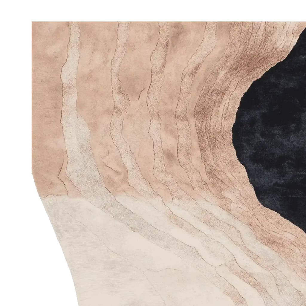 Close-up view of the Wavy Land Narrative hand-tufted area rug, showcasing its elegant abstract design in soft beige and black tones. Perfect as a wool rug for large living rooms, this contemporary rug adds a touch of sophistication to any space.