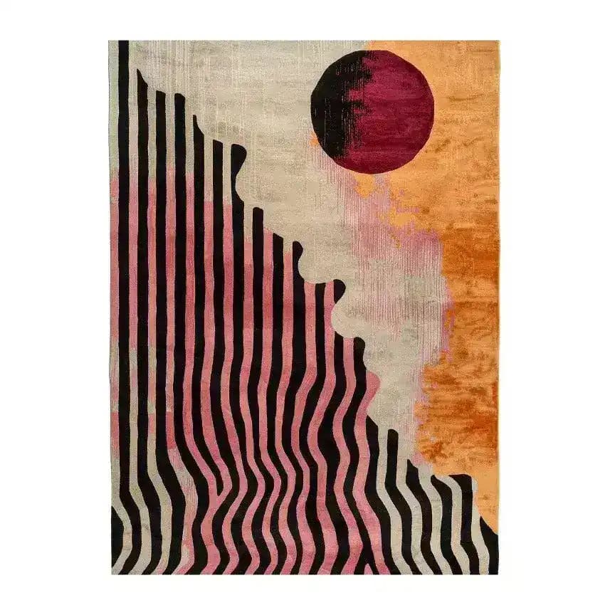A vibrant Wavy Lines Hand Tufted Viscose Area Rug featuring dynamic black and pink wavy lines against a beige background, accented by an abstract red circle and orange hues. This contemporary wool rug is perfect for a living room or dining room, adding an artistic touch to formal dining room rugs and dining room carpets.