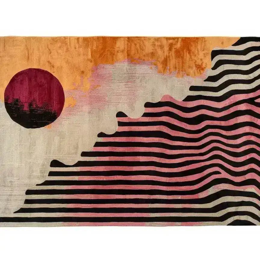 This contemporary area rug features a striking design with wavy lines in shades of pink, black, and orange, creating a dynamic abstract pattern. Ideal for adding a modern touch to living rooms or as a formal dining room rug, this hand-tufted wool rug offers both style and comfort, enhancing any dining room carpet collection.