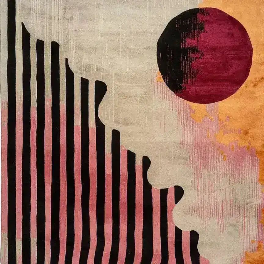 Top view of the Wavy Lines Hand Tufted Viscose Area Rug showcasing a modern abstract design with bold black and pink stripes alongside a striking red circle. Perfect for adding a contemporary touch to living rooms, dining rooms, or as a statement piece in formal dining room settings. This wool rug combines artistic flair with functionality, ideal as a centerpiece in dining room carpets.