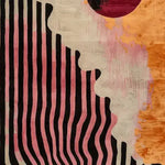 Close-up view of a Wavy Lines Hand Tufted Viscose Rug, showcasing an abstract design with bold black and pink stripes blending into warm orange and cream tones. Perfect for enhancing the aesthetic of a living room or dining room, this contemporary area rug adds a touch of elegance and style, suitable for formal dining room settings.