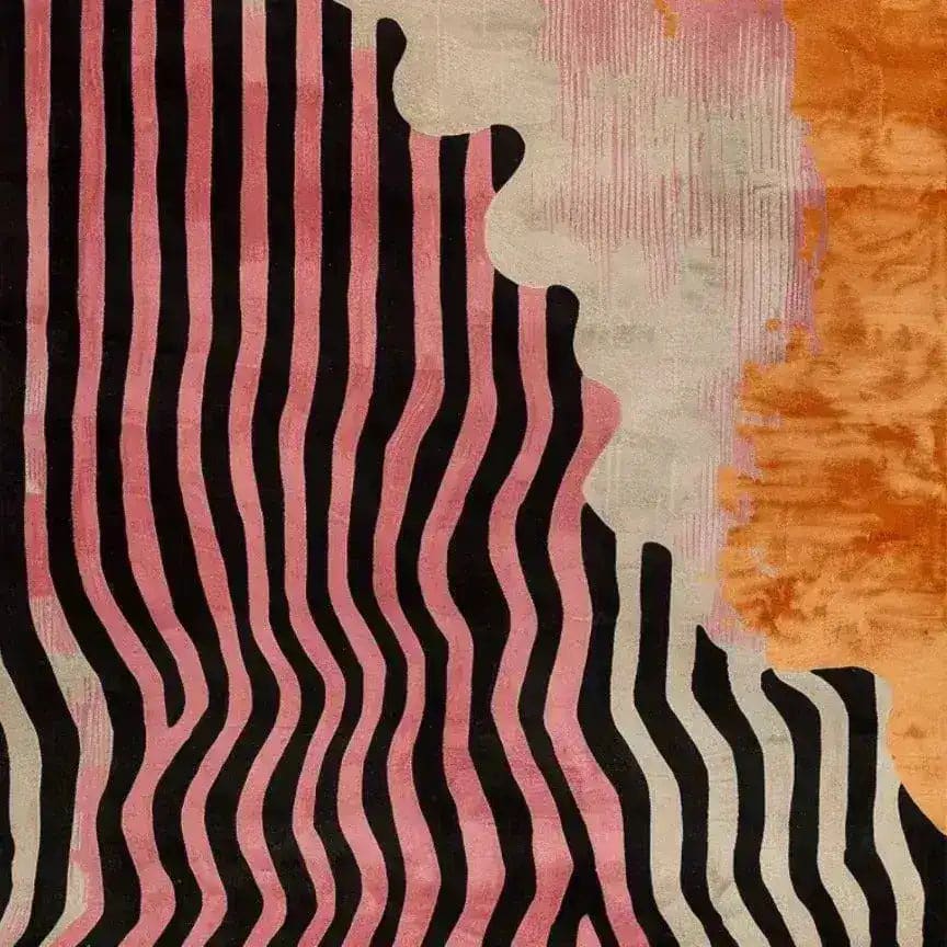Vibrant Wavy Lines Hand Tufted Viscose Area Rug showcasing a contemporary design with bold black and pink lines against a warm orange and beige background. Perfect for adding a modern touch to living rooms, dining rooms, or as a formal dining room rug, this wool rug creates an inviting atmosphere.