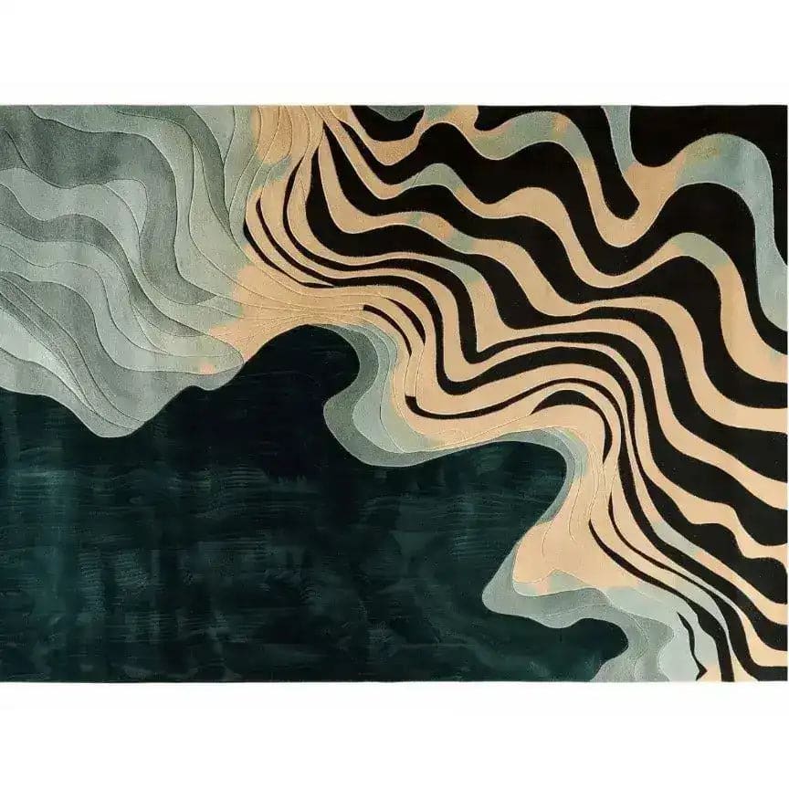 A stunning contemporary area rug with a wavy seascape design, featuring flowing black and beige patterns interwoven with soft grey and teal hues. This hand-tufted wool rug is perfect for adding an artistic touch to living rooms, dining rooms, or bedrooms, enhancing any space with its unique abstract style.