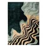 Stylish Wavy Seascape Hand Tufted Wool Rug featuring an abstract design with flowing lines in shades of dark green, beige, and black. Perfect as an area rug for your living room or dining room, this contemporary wool rug adds elegance to any bedroom or dining space.