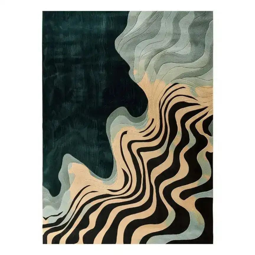 Stylish Wavy Seascape Hand Tufted Wool Rug featuring an abstract design with flowing lines in shades of dark green, beige, and black. Perfect as an area rug for your living room or dining room, this contemporary wool rug adds elegance to any bedroom or dining space.
