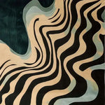 Top view of a contemporary area rug featuring a wavy seascape design in earthy tones. This hand-tufted wool rug is perfect for adding a modern touch to living rooms, dining rooms, or bedrooms.