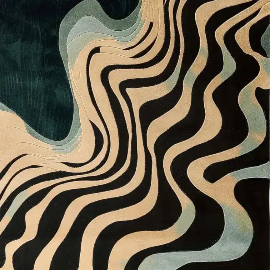 Top view of a contemporary area rug featuring a wavy seascape design in earthy tones. This hand-tufted wool rug is perfect for adding a modern touch to living rooms, dining rooms, or bedrooms.