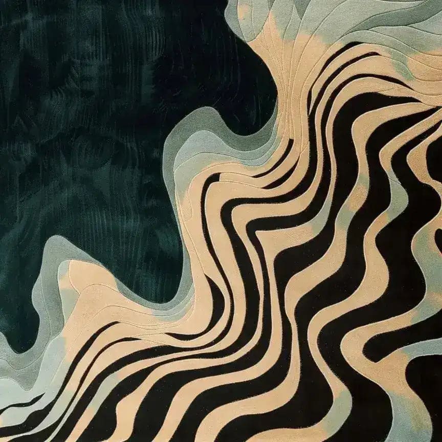 A stunning close-up view of a Wavy Seascape Hand Tufted Wool Rug, showcasing its modern abstract design in rich, deep hues. Perfect for adding a contemporary touch to living room and dining room spaces, this area rug blends seamlessly into bedroom settings as well.