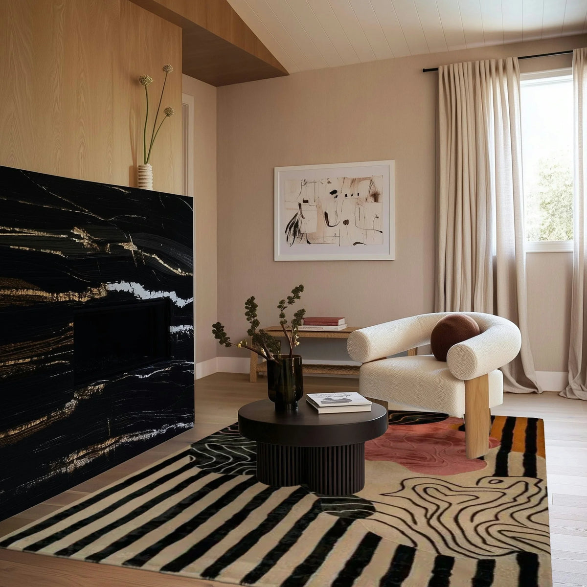 Wavy-striped dusky petals rug with blush shapes in a sunlit room with marble fireplace