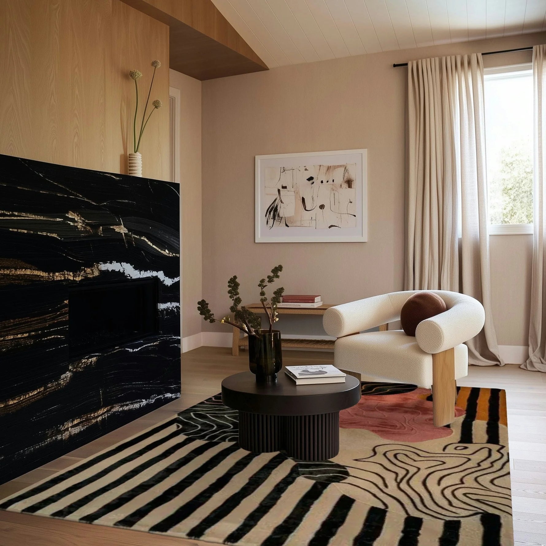 Wavy-striped dusky petals rug with blush shapes in a sunlit room with marble fireplace