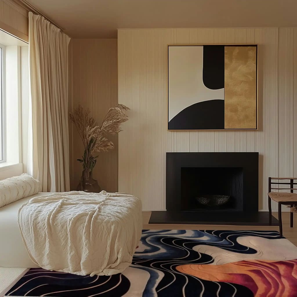 Stylish and contemporary living room featuring a Wavy Wonders Hand Tufted Wool Rug. This large area rug, perfect for spacious living rooms, showcases an abstract design with flowing patterns in bold colors, adding a modern touch to the decor. A cozy seating area, elegant wall art, and a minimalist fireplace complete the sophisticated ambiance.