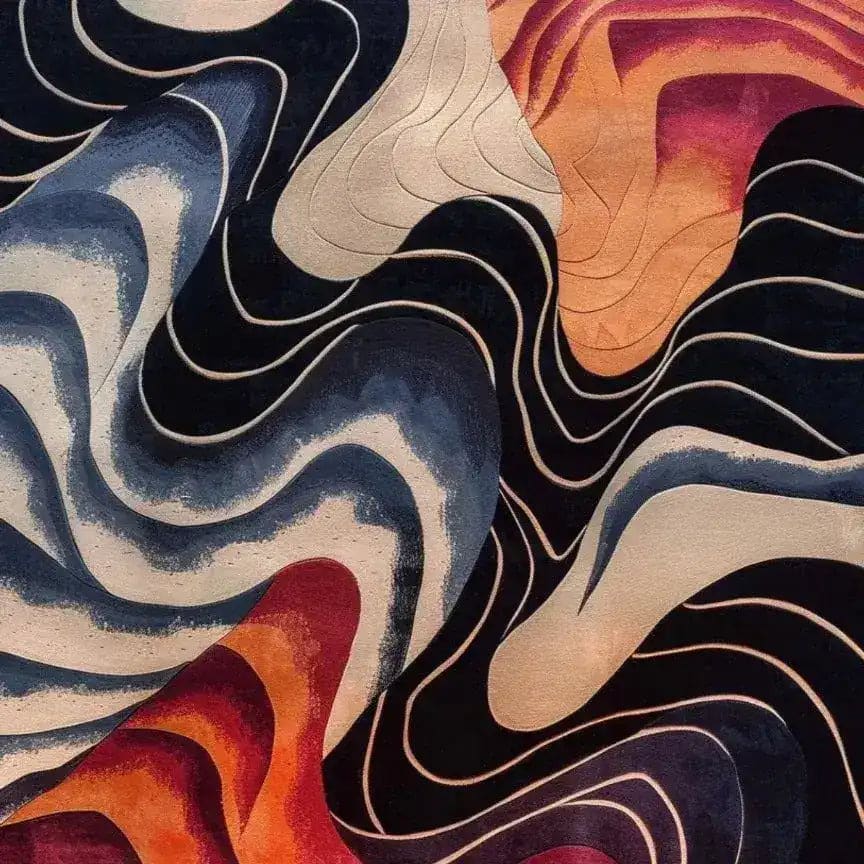 This vibrant area rug showcases a stunning abstract pattern with swirling waves of blue, orange, and cream hues. Perfect for adding a contemporary touch to large living room spaces, this wool rug combines style and comfort, making it an ideal choice for those seeking large area rugs that stand out.