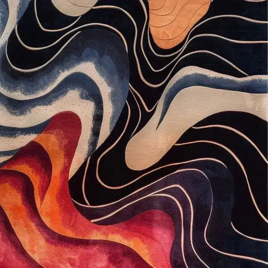 Contemporary wool area rug with an abstract wavy design in vibrant shades of blue, red, and orange, perfect for large living rooms. This hand-tufted rug adds a modern touch to any space, ideal as a large area rug for a stylish living room.