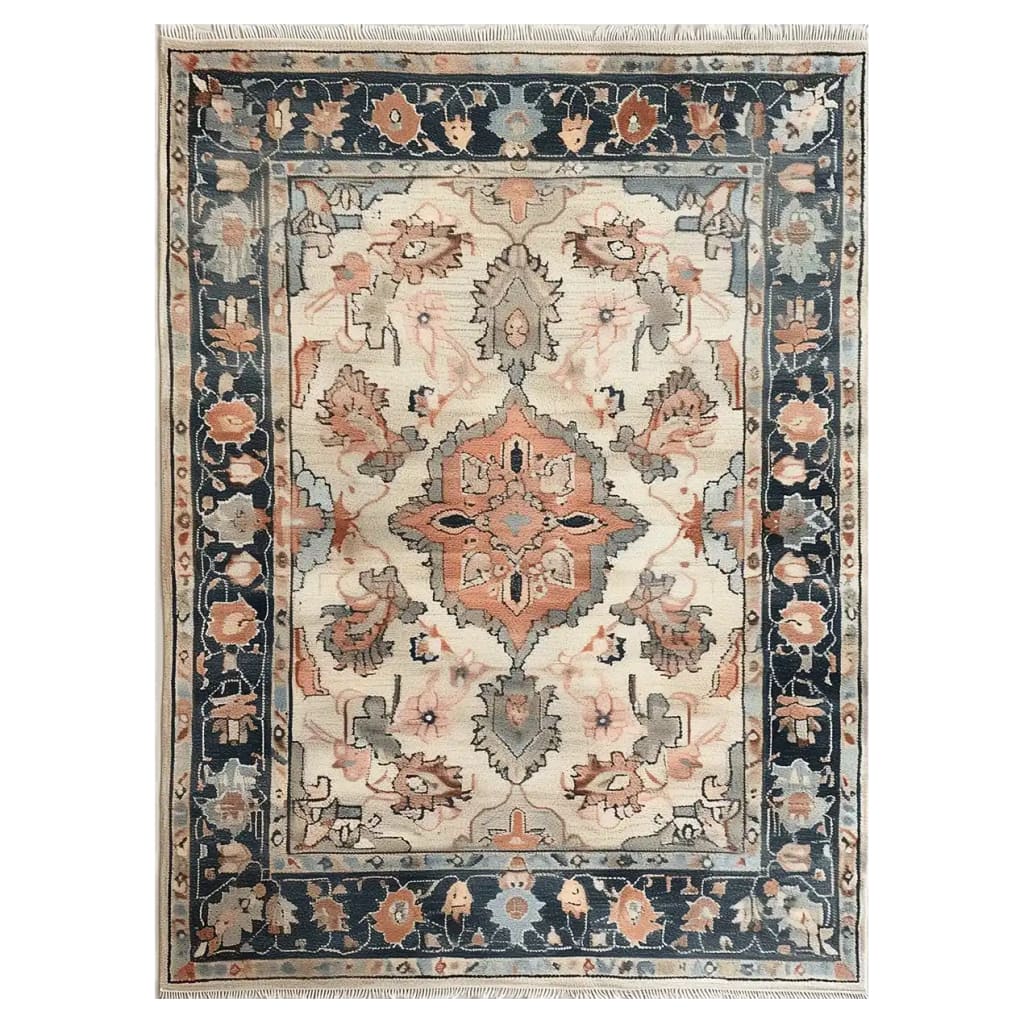Top view of a beautifully designed area rug, showcasing a hand-tufted wool rug with intricate floral and geometric patterns. This elegant piece, perfect for area rugs for living room, features a harmonious blend of subtle colors and detailed borders, offering a touch of sophistication to any space.