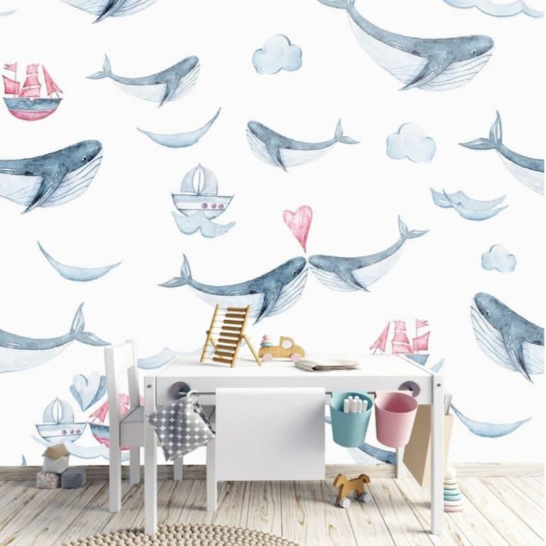 Whales Nautical Nursery Wallpaper - MAIA HOMES