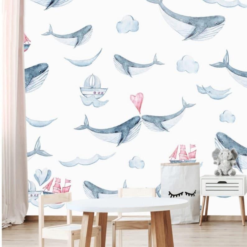 Whales Nautical Nursery Wallpaper - MAIA HOMES