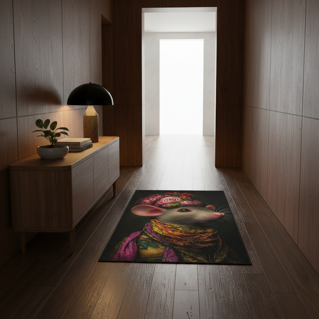 A rectangular area rug with a colorful artistic print of a mouse wearing a pink turban and scarf, placed on a dark wood hallway floor next to a wooden sideboard with a lamp and plant.