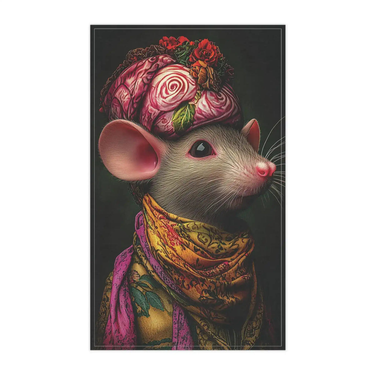 White chicken with pink comb in jeweled sunglasses and bejeweled floral gown on dark background — Whimsical Elegance Artistic Mouse Cotton Kitchen Towel art print