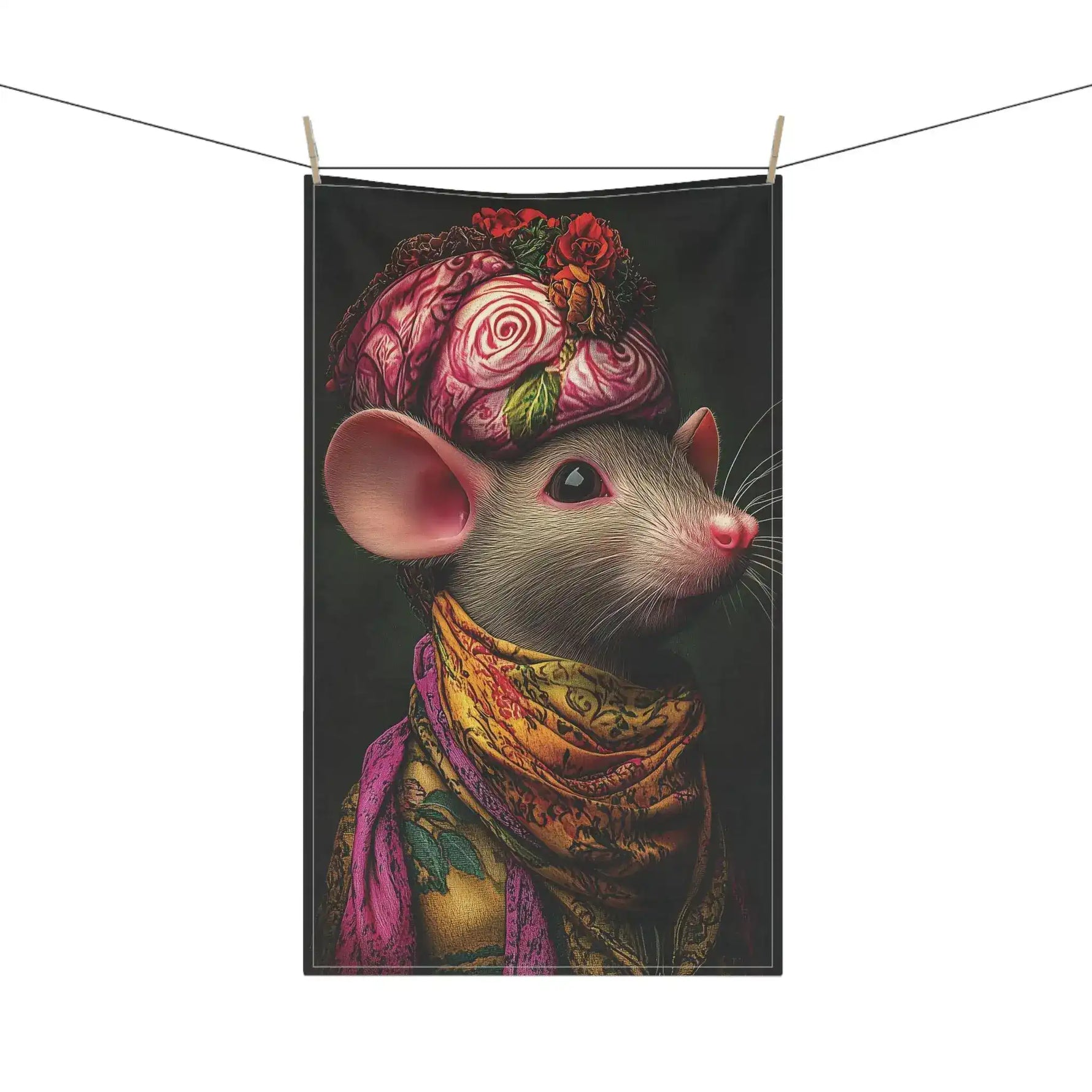 Whimsical Elegance Artistic Mouse Cotton Kitchen Towel on clothesline grey mouse wearing pink floral turban and gold yellow scarf on dark background