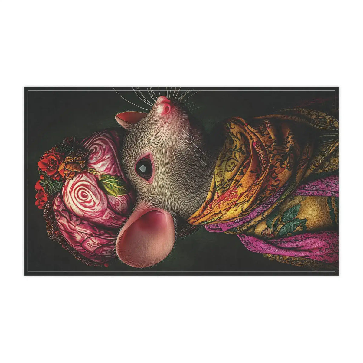 Side view of white chicken with pink comb in sunglasses and floral embroidered gown — Whimsical Elegance Artistic Mouse Cotton Kitchen Towel landscape detail