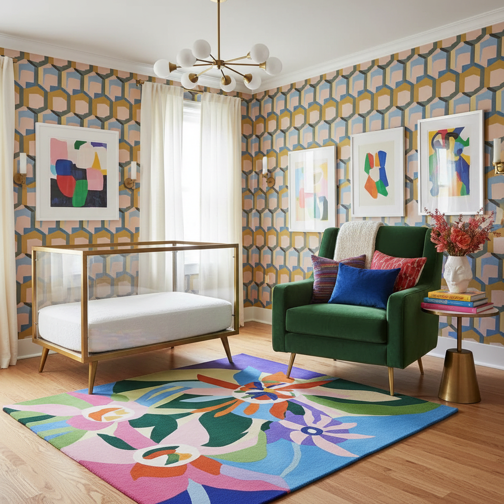 Modern living room with geometric wallpaper, colorful rug, and green armchair.