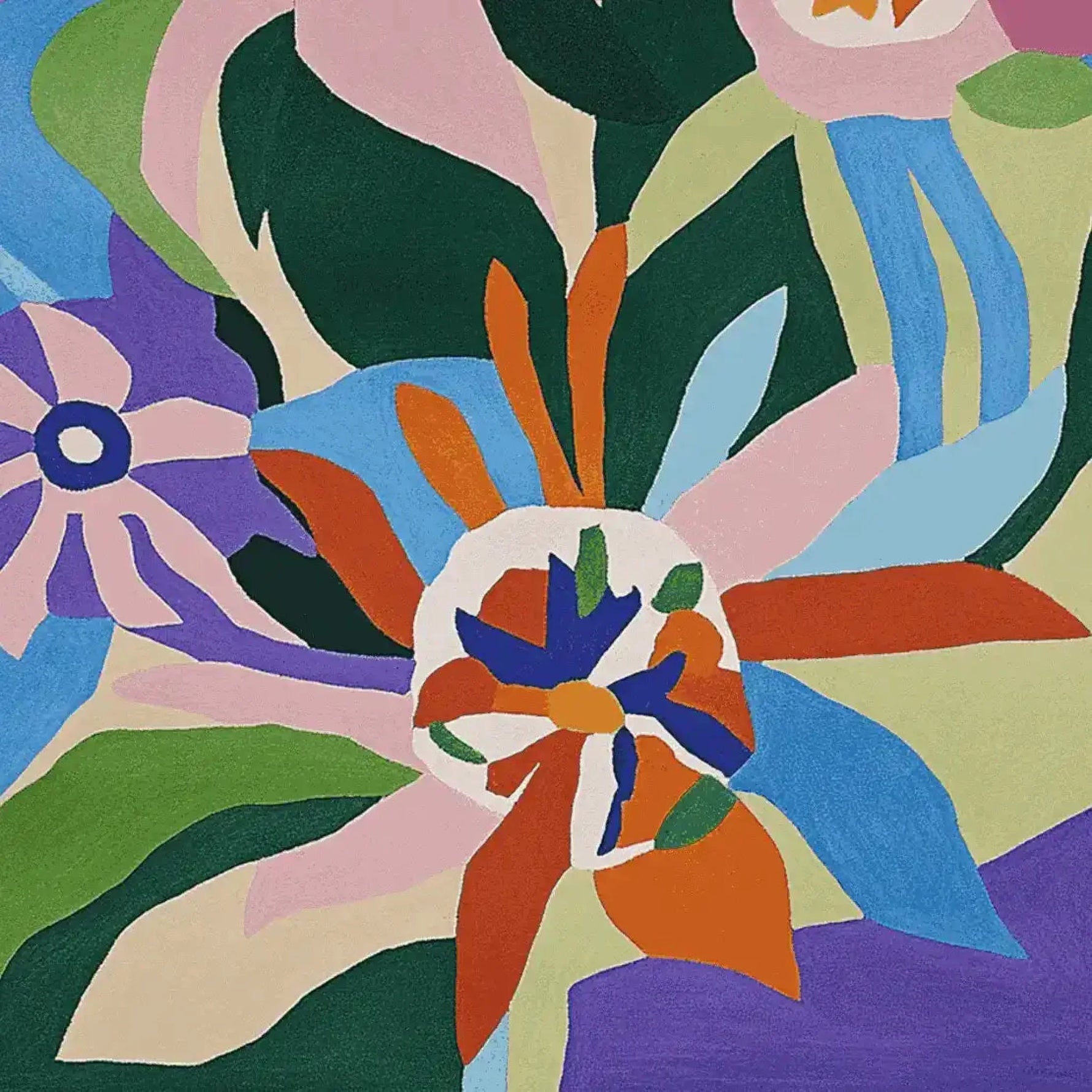 A vibrant, hand-tufted area rug featuring an abstract floral design in bold colors, perfect for adding a contemporary touch to large living rooms. This square wool rug showcases a playful arrangement of petals with hues of orange, blue, green, and purple, making it an ideal choice for those seeking unique rugs for their living room.