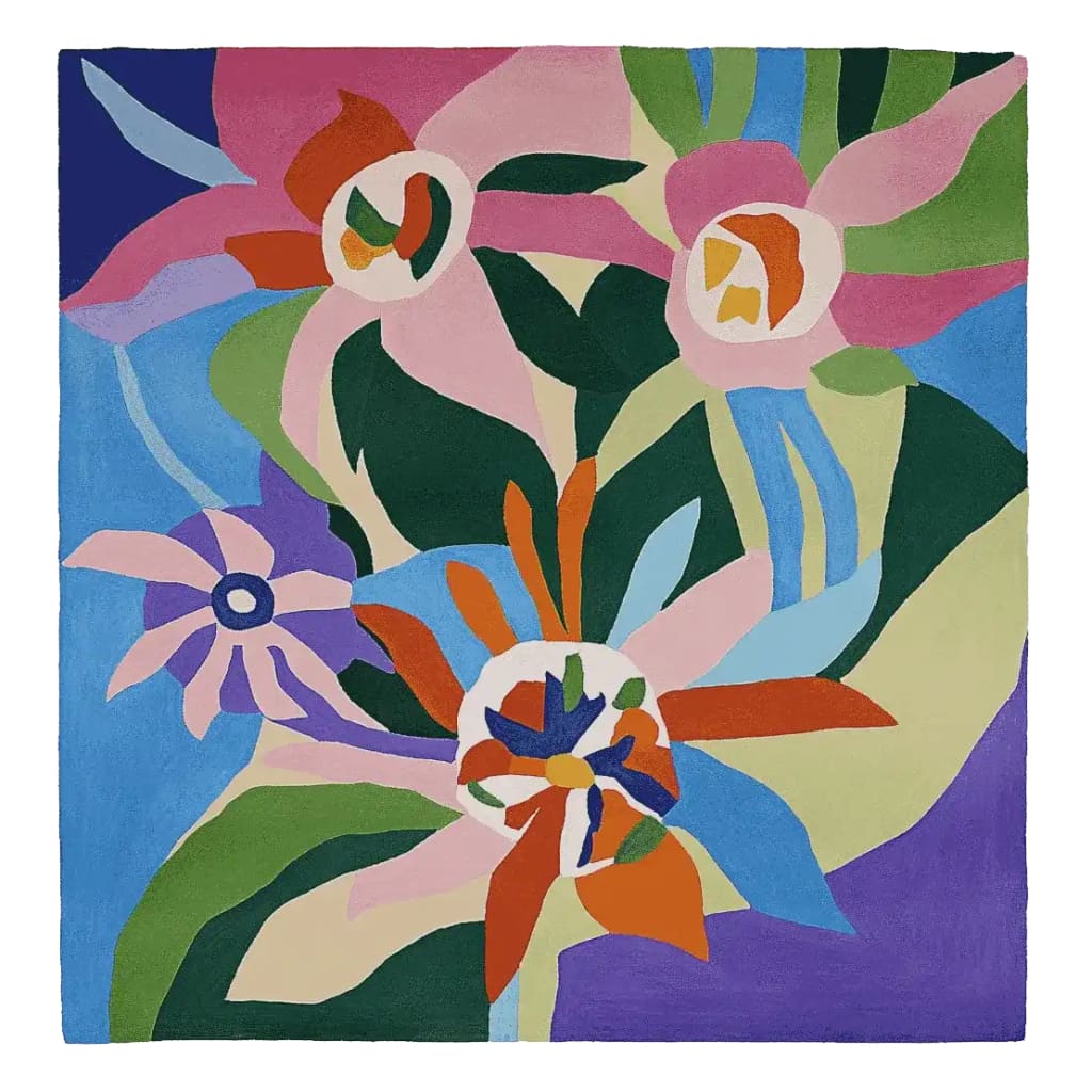 Vibrantly colored Whimsical Floral Drift Hand Tufted Area Rug with abstract floral patterns in shades of pink, blue, green, and orange. This contemporary wool rug is perfect for adding a bold statement to large living rooms. Its square design makes it an ideal rugs for living room, offering a blend of modern art and functionality as a square area rug.