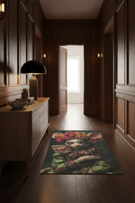 A rectangular area rug with a surreal, painterly illustration of a cat surrounded by flowers, placed on a dark wood hallway floor next to a wooden sideboard with a black lamp.
