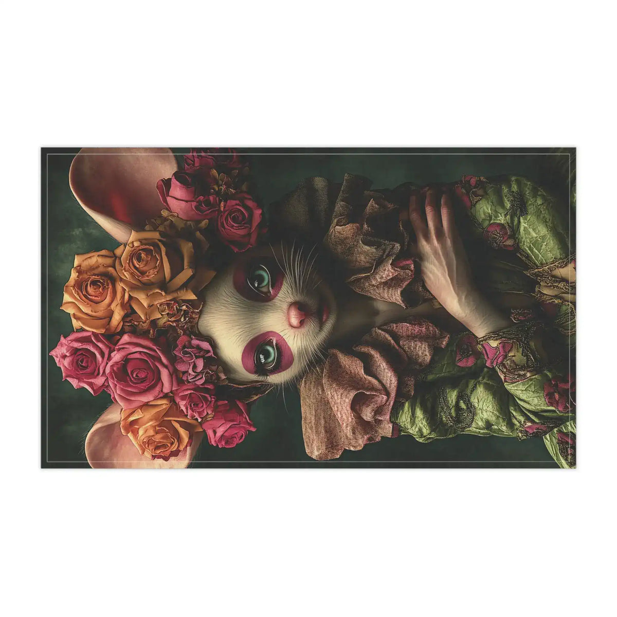 Whimsical Floral Mouse Cotton Kitchen Towel close-up — mouse face gazing upward amid pink and peach roses, landscape crop, cotton print