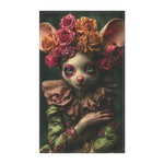 Whimsical Floral Mouse Cotton Kitchen Towel flat lay — charming mouse in ruffled green jacket with rose crown, dark teal background, cotton weave