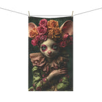 Whimsical Floral Mouse Cotton Kitchen Towel hanging on clothesline — full print visible outdoors, showing complete floral mouse design
