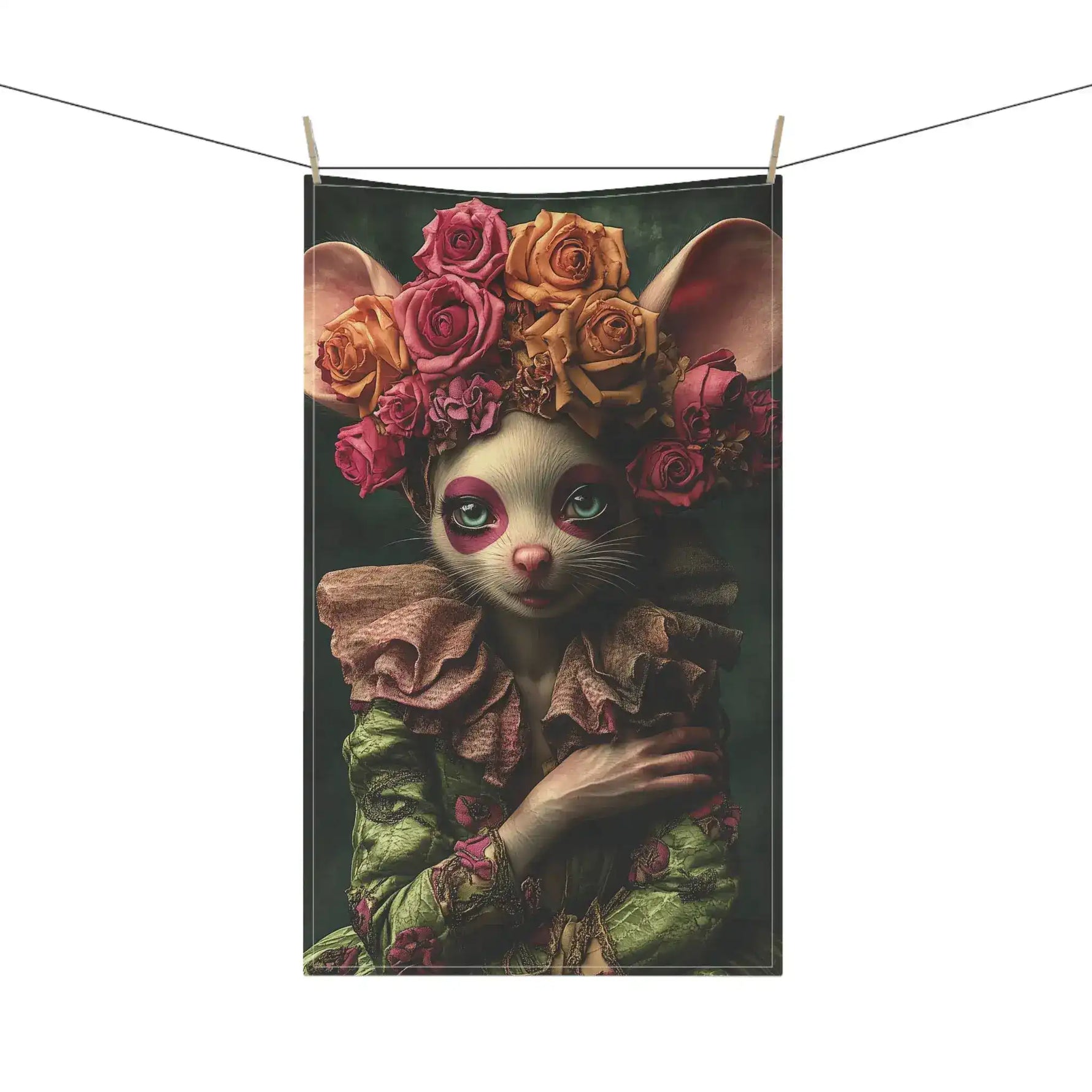 Whimsical Floral Mouse Cotton Kitchen Towel hanging on clothesline — full print visible outdoors, showing complete floral mouse design