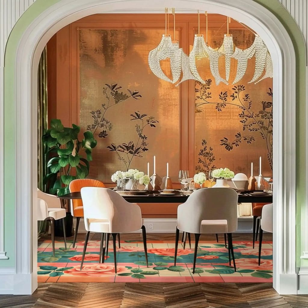 A beautifully decorated living room featuring a Whimsical Rose Reverie Hand Tufted Area Rug. This large wool rug showcases vibrant floral designs, adding a touch of elegance to the space. The rug enhances the sophisticated ambiance of the room, making it a perfect choice for those seeking stylish rugs for their living room.