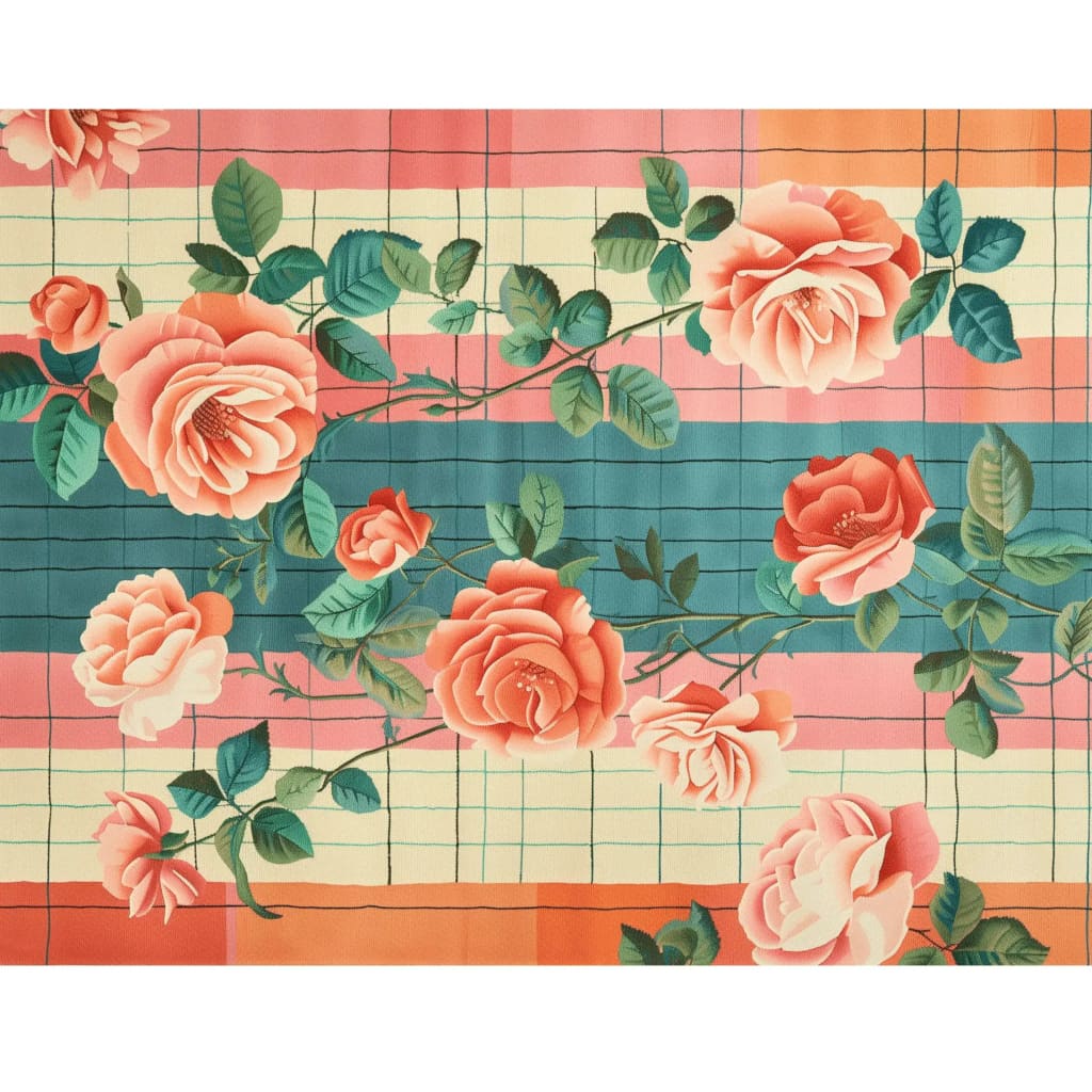 This vibrant area rug, titled 'Whimsical Rose Reverie Hand Tufted Rug', features a stunning floral design with lush roses in shades of peach and pink against a striped background. Perfect for enhancing large living rooms, this wool rug adds a touch of elegance and charm to any space, making it an ideal choice for rugs for living room settings.