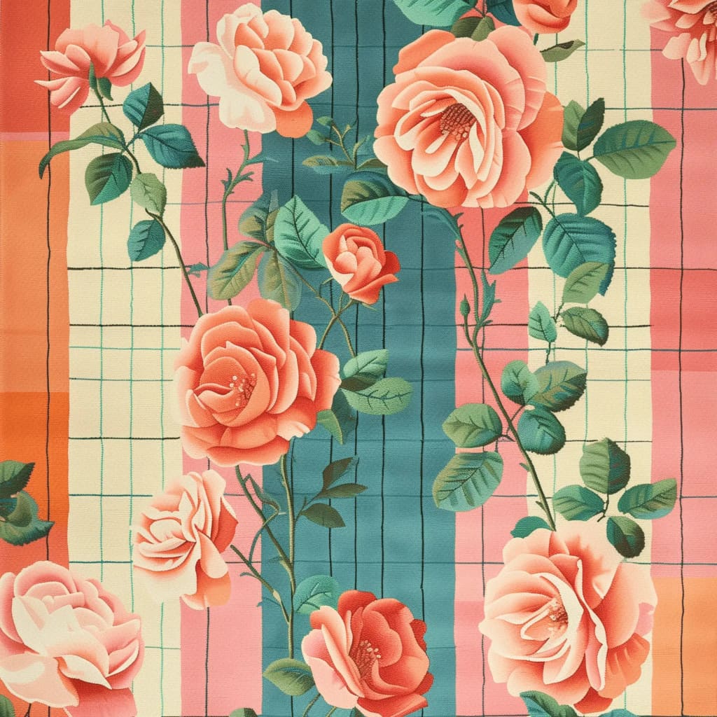 This vibrant area rug features a whimsical floral design with blooming pink and peach roses set against a backdrop of blue and orange stripes. Perfect as a wool rug for large living rooms, this elegant piece enhances any space, bringing a touch of nature into your living room decor.