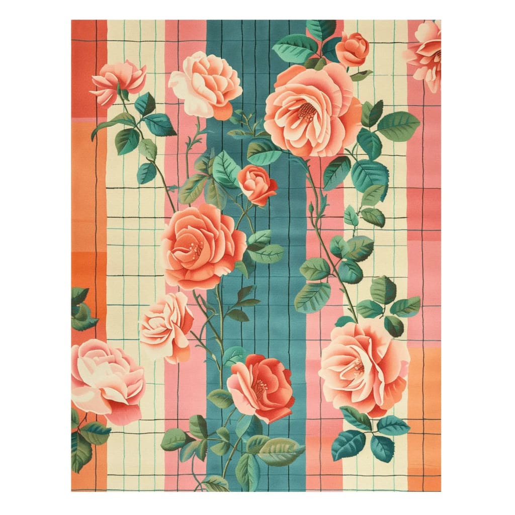 Whimsical Rose Reverie Hand Tufted Rug featuring a vibrant floral design with large pink and orange roses on a plaid background, perfect as an area rug for the living room. This wool rug adds a touch of elegance to large living room spaces, making it an ideal choice for those seeking floral rugs to enhance their home decor.