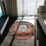 Whimsy Garden Lounge round rug in dark living room near TV, pink illustrated garden and cats pattern visible on floor