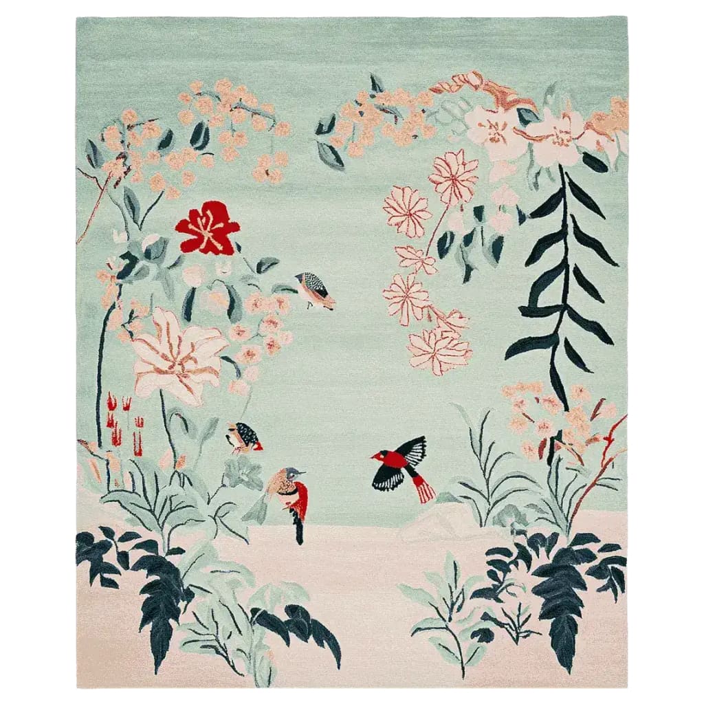 This hand-tufted area rug, ideal for living rooms, showcases a whimsical garden scene with vibrant floral designs and birds. Made from high-quality wool, this wool rug adds a touch of nature and elegance to any living space.